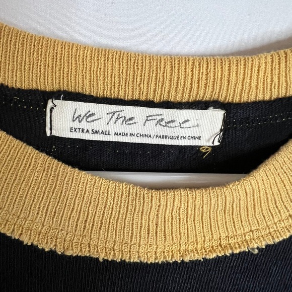 We The Free by Free People Ringer Tee XS Black, Yellow Trim Raw Hem Vintage Look - Picture 2 of 4